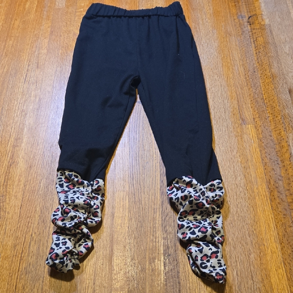 SHEIN Girls 7Y Black Pull-On Elastic Waist Leopard Ruffle Ankle Leggings